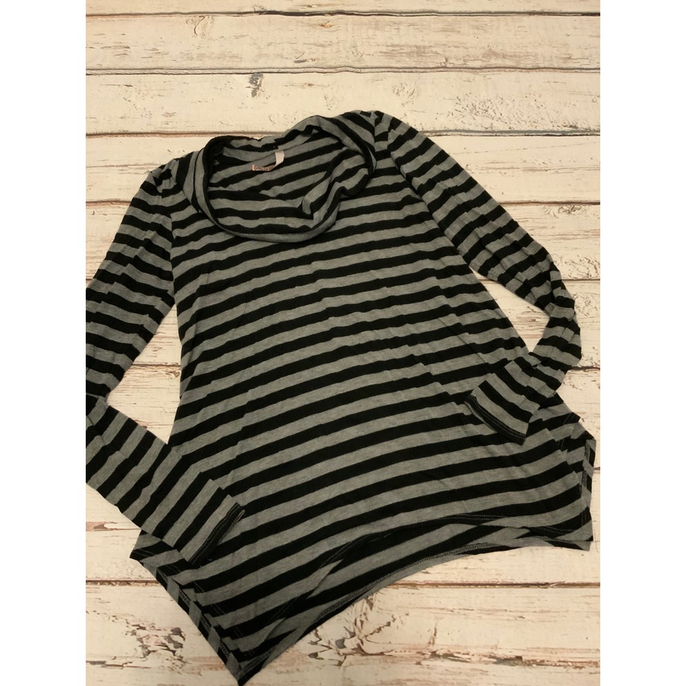 Cielo Womens Small Grey Black Striped Cowl Neck Asymmetrical Hem Long Sleeve Top